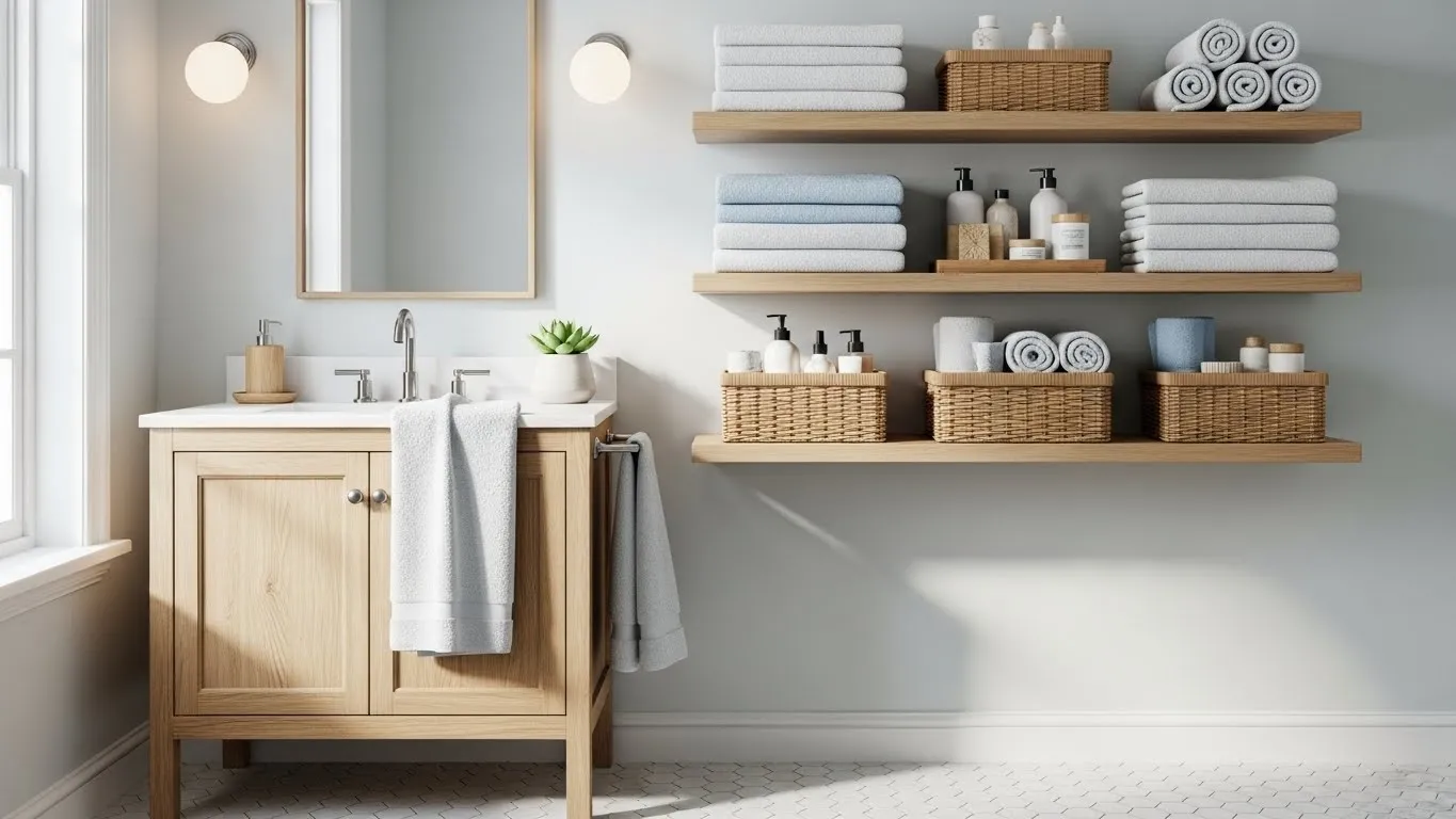 Banheiro compacto organizado com produtos essenciais