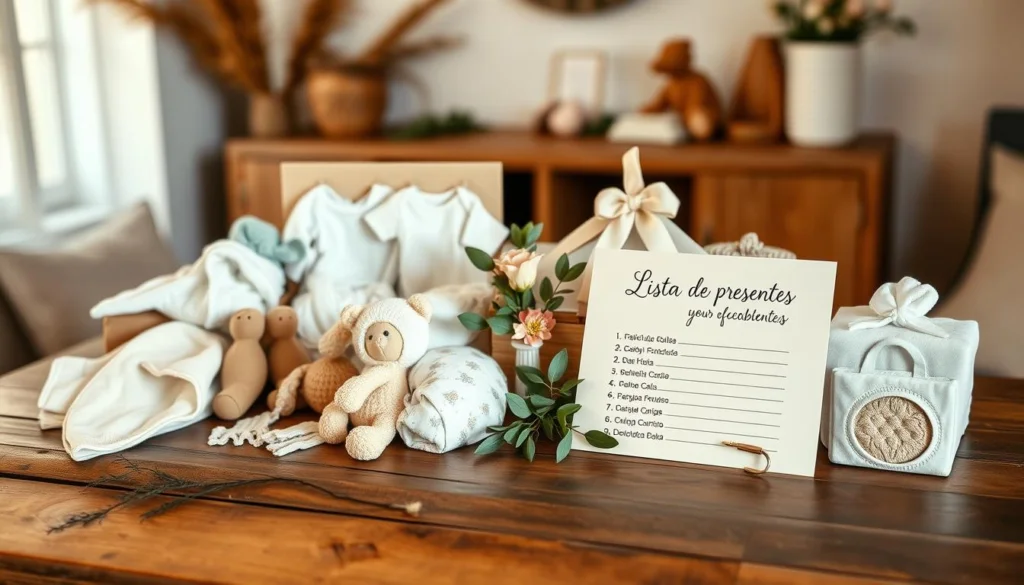 A beautifully organized and aesthetically pleasing baby shower gift list, displayed on a rustic wooden table with a soft, warm lighting. In the foreground, an assortment of delicate baby items such as onesies, blankets, and toys are neatly arranged, reflecting the care and thoughtfulness of the gift-givers. The middle ground features a handwritten "lista de presentes" on a crisp, ivory-colored card, complemented by artfully placed greenery and floral accents. The background showcases a cozy, inviting atmosphere, with neutral-toned walls and subtle natural textures, creating a serene and inviting ambiance. A beautifully organized and aesthetically pleasing baby shower gift list, displayed on a rustic wooden table with a soft, warm lighting. In the foreground, an assortment of delicate baby items such as onesies, blankets, and toys are neatly arranged, reflecting the care and thoughtfulness of the gift-givers. The middle ground features a handwritten "lista de presentes" on a crisp, ivory-colored card, complemented by artfully placed greenery and floral accents. The background showcases a cozy, inviting atmosphere, with neutral-toned walls and subtle natural textures, creating a serene and inviting ambiance.