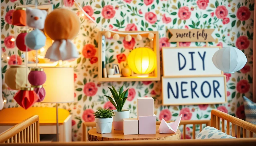 A colorful and whimsical DIY nursery decor scene. In the foreground, handmade decorations like a mobile with plush shapes, a fabric garland, and a wooden sign with a sweet message. In the middle ground, a small table with simple yet stylish DIY projects like a potted plant, a set of pastel-colored wooden blocks, and an origami-inspired paper lantern. The background features a vibrant floral wallpaper, with touches of natural wood accents and a cozy window nook. Warm, soft lighting creates a serene, homey atmosphere, capturing the essence of a budget-friendly, personalized nursery space. A colorful and whimsical DIY nursery decor scene. In the foreground, handmade decorations like a mobile with plush shapes, a fabric garland, and a wooden sign with a sweet message. In the middle ground, a small table with simple yet stylish DIY projects like a potted plant, a set of pastel-colored wooden blocks, and an origami-inspired paper lantern. The background features a vibrant floral wallpaper, with touches of natural wood accents and a cozy window nook. Warm, soft lighting creates a serene, homey atmosphere, capturing the essence of a budget-friendly, personalized nursery space.