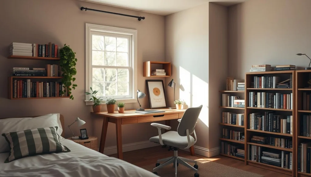 A cozy and personalized study nook in a shared bedroom. A sturdy wooden desk with a clean, minimalist design sits beneath a large window, bathed in warm, natural light. Potted plants and a framed piece of art adorn the desk, reflecting the occupant's unique style. A comfortable, ergonomic chair in a neutral tone provides ample support. The walls are painted in a soft, muted color, allowing the space to feel calming and conducive to focused work. Bookshelves line the walls, filled with an assortment of titles, showcasing the occupant's intellectual interests. Overall, the scene exudes an inviting and productive atmosphere, perfect for personalized study and creativity. A cozy and personalized study nook in a shared bedroom. A sturdy wooden desk with a clean, minimalist design sits beneath a large window, bathed in warm, natural light. Potted plants and a framed piece of art adorn the desk, reflecting the occupant's unique style. A comfortable, ergonomic chair in a neutral tone provides ample support. The walls are painted in a soft, muted color, allowing the space to feel calming and conducive to focused work. Bookshelves line the walls, filled with an assortment of titles, showcasing the occupant's intellectual interests. Overall, the scene exudes an inviting and productive atmosphere, perfect for personalized study and creativity.