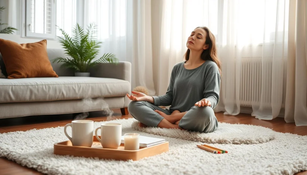 A cozy living room with soft natural lighting filtering through sheer curtains. A woman, dressed comfortably in loungewear, sits cross-legged on a plush rug, eyes closed in deep relaxation. Nearby, a tray with a steaming mug, a scented candle, and a few mindfulness tools like a journal and colored pencils. The atmosphere is serene, calming, and conducive to a brief yet restorative mental break. The camera angle is slightly elevated, capturing the scene from an unobtrusive, observational perspective. A cozy living room with soft natural lighting filtering through sheer curtains. A woman, dressed comfortably in loungewear, sits cross-legged on a plush rug, eyes closed in deep relaxation. Nearby, a tray with a steaming mug, a scented candle, and a few mindfulness tools like a journal and colored pencils. The atmosphere is serene, calming, and conducive to a brief yet restorative mental break. The camera angle is slightly elevated, capturing the scene from an unobtrusive, observational perspective.
