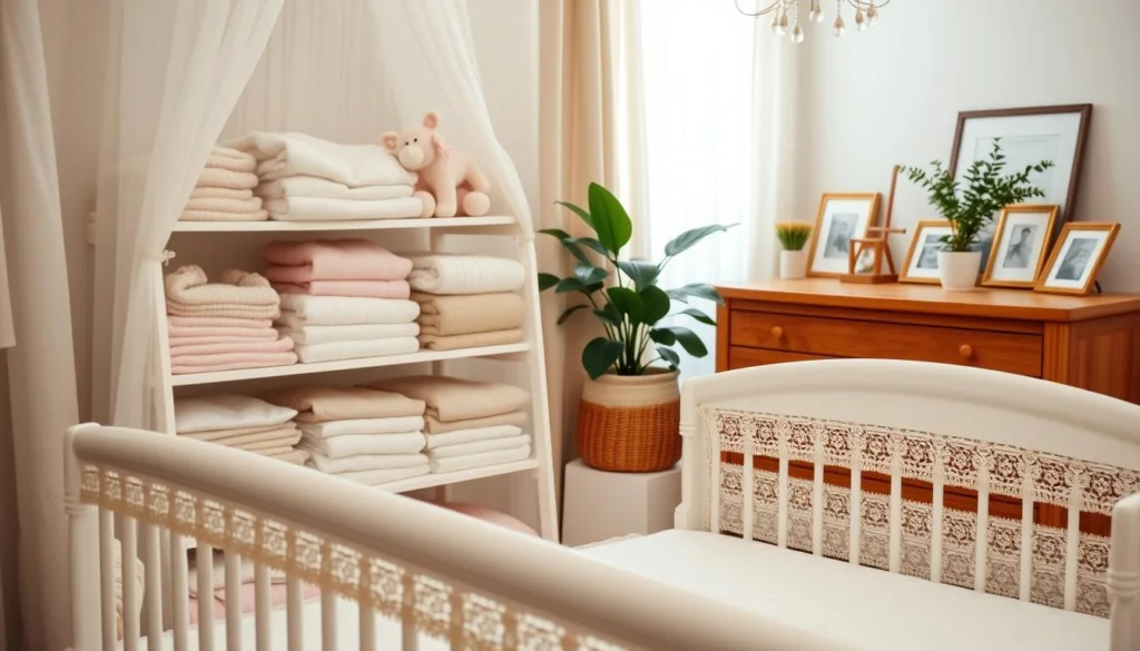 A cozy nursery filled with soft textures and pastel hues. In the foreground, a white crib with delicate lace accents and a plush mattress. On the middle shelves, neatly organized stacks of folded baby clothes, blankets, and plush toys. In the background, a warm-toned wooden dresser adorned with framed family photos and a lush, potted plant. Gentle, natural lighting filters through sheer curtains, creating a serene and inviting atmosphere. The overall scene conveys the joy and anticipation of welcoming a new life into the world. A cozy nursery filled with soft textures and pastel hues. In the foreground, a white crib with delicate lace accents and a plush mattress. On the middle shelves, neatly organized stacks of folded baby clothes, blankets, and plush toys. In the background, a warm-toned wooden dresser adorned with framed family photos and a lush, potted plant. Gentle, natural lighting filters through sheer curtains, creating a serene and inviting atmosphere. The overall scene conveys the joy and anticipation of welcoming a new life into the world.