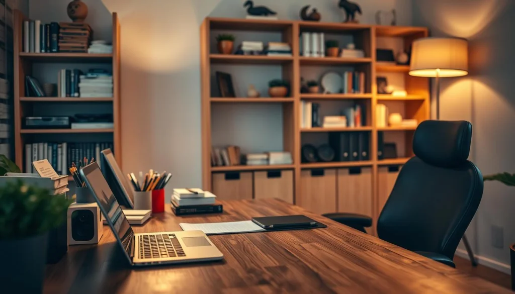 A cozy, well-organized home office with a wooden desk, a sleek laptop, and a neatly arranged array of stationery. The lighting is warm and inviting, with a soft glow from a floor lamp casting a gentle ambiance. In the background, shelves filled with books and decorative elements create a sense of structure and productivity. A comfortable, ergonomic chair sits ready for a focused work session. The overall atmosphere conveys a sense of intentional planning and a harmonious balance, reflecting the "Passos para estabelecer uma rotina eficiente" theme. A cozy, well-organized home office with a wooden desk, a sleek laptop, and a neatly arranged array of stationery. The lighting is warm and inviting, with a soft glow from a floor lamp casting a gentle ambiance. In the background, shelves filled with books and decorative elements create a sense of structure and productivity. A comfortable, ergonomic chair sits ready for a focused work session. The overall atmosphere conveys a sense of intentional planning and a harmonious balance, reflecting the "Passos para estabelecer uma rotina eficiente" theme.