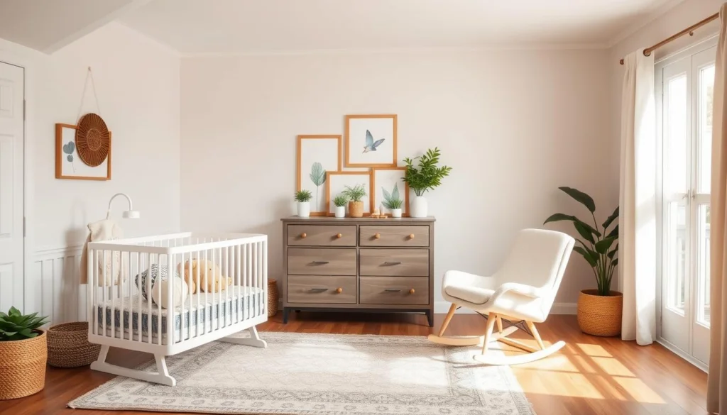 A cozy, well-organized nursery with a mix of budget-friendly decorations. In the foreground, a minimalist white crib sits atop a patterned area rug, complemented by a plush rocking chair. The middle ground features a dresser with an assortment of framed nature-inspired artwork and potted plants. In the background, a simple, pastel-colored feature wall provides a soothing backdrop, accentuated by a large, airy window that fills the room with warm, natural lighting. The overall atmosphere evokes a sense of comfort and practicality, perfect for a baby's first bedroom. A cozy, well-organized nursery with a mix of budget-friendly decorations. In the foreground, a minimalist white crib sits atop a patterned area rug, complemented by a plush rocking chair. The middle ground features a dresser with an assortment of framed nature-inspired artwork and potted plants. In the background, a simple, pastel-colored feature wall provides a soothing backdrop, accentuated by a large, airy window that fills the room with warm, natural lighting. The overall atmosphere evokes a sense of comfort and practicality, perfect for a baby's first bedroom.