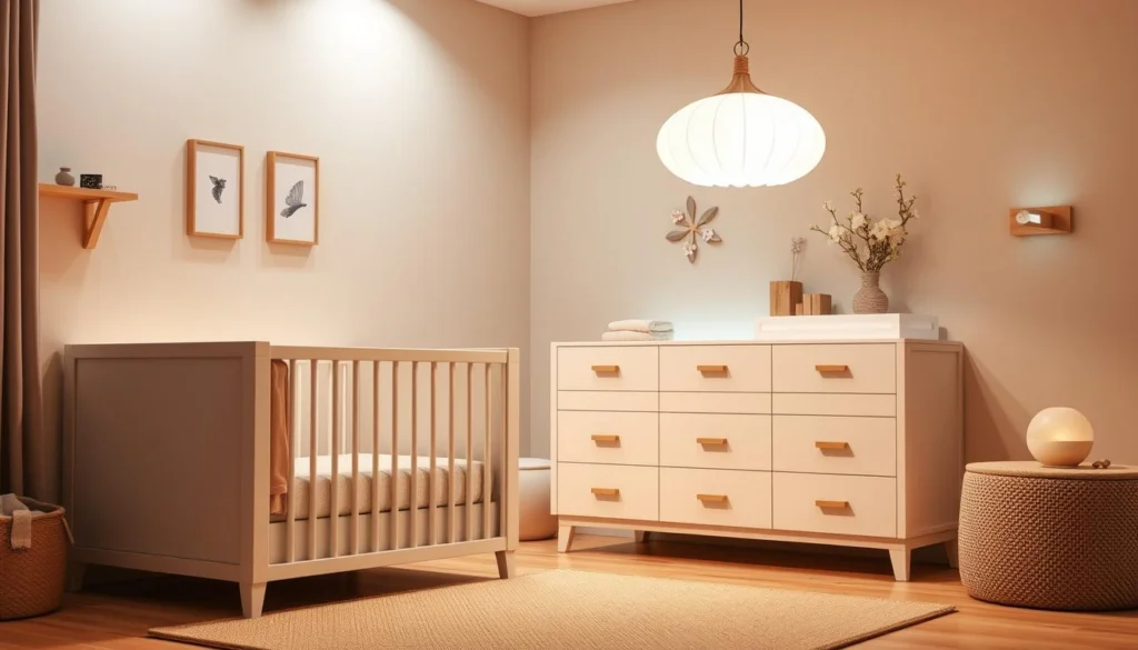 A cozy, well-organized nursery with compact, multifunctional furniture. In the foreground, a modern crib with convertible side panels and integrated storage drawers. In the middle ground, a sleek, space-saving dresser with a changing table top. Soft, diffused lighting from a minimalist pendant overhead, casting a warm glow. The background features a soothing accent wall in a gentle pastel shade, complemented by delicate floral decor. Peaceful, serene atmosphere that invites thoughtful consideration of thoughtfully designed, child-centric pieces. A cozy, well-organized nursery with compact, multifunctional furniture. In the foreground, a modern crib with convertible side panels and integrated storage drawers. In the middle ground, a sleek, space-saving dresser with a changing table top. Soft, diffused lighting from a minimalist pendant overhead, casting a warm glow. The background features a soothing accent wall in a gentle pastel shade, complemented by delicate floral decor. Peaceful, serene atmosphere that invites thoughtful consideration of thoughtfully designed, child-centric pieces.