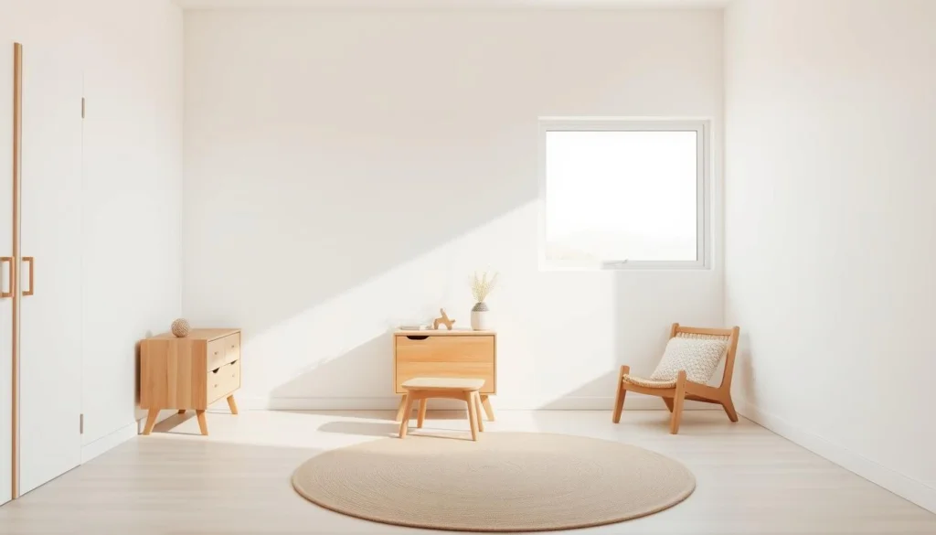A minimalist children's room with natural wood furniture, clean white walls, and soft neutral accents. A single large window bathes the space in warm, diffused natural light, casting gentle shadows across the room. A small, low-profile dresser and a simple wooden chair occupy the foreground, their clean lines and muted tones blending seamlessly with the environment. In the middle ground, a neutral-toned rug and a few carefully curated decorative elements, such as a potted plant and a tactile throw pillow, add subtle pops of texture and interest. The background features a tranquil, uncluttered atmosphere, emphasizing the room's sense of calm and serenity. A minimalist children's room with natural wood furniture, clean white walls, and soft neutral accents. A single large window bathes the space in warm, diffused natural light, casting gentle shadows across the room. A small, low-profile dresser and a simple wooden chair occupy the foreground, their clean lines and muted tones blending seamlessly with the environment. In the middle ground, a neutral-toned rug and a few carefully curated decorative elements, such as a potted plant and a tactile throw pillow, add subtle pops of texture and interest. The background features a tranquil, uncluttered atmosphere, emphasizing the room's sense of calm and serenity.