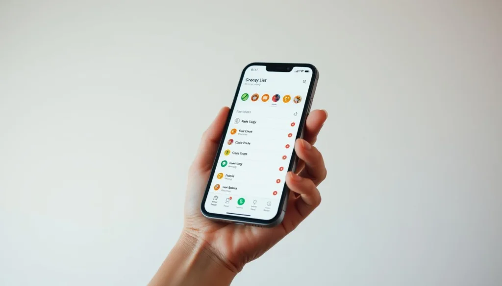 A modern, minimalist grocery list app displayed on a smartphone screen, with a clean user interface featuring colorful icons, neatly organized categories, and an intuitive layout. The screen is illuminated by soft, diffused lighting, creating a warm and inviting atmosphere. The device is held in a hand, showcasing the app's practical usability and accessibility for busy mothers on the go. The background is a plain, neutral color, allowing the app interface to be the focal point and highlighting its functionality and simplicity. A modern, minimalist grocery list app displayed on a smartphone screen, with a clean user interface featuring colorful icons, neatly organized categories, and an intuitive layout. The screen is illuminated by soft, diffused lighting, creating a warm and inviting atmosphere. The device is held in a hand, showcasing the app's practical usability and accessibility for busy mothers on the go. The background is a plain, neutral color, allowing the app interface to be the focal point and highlighting its functionality and simplicity.