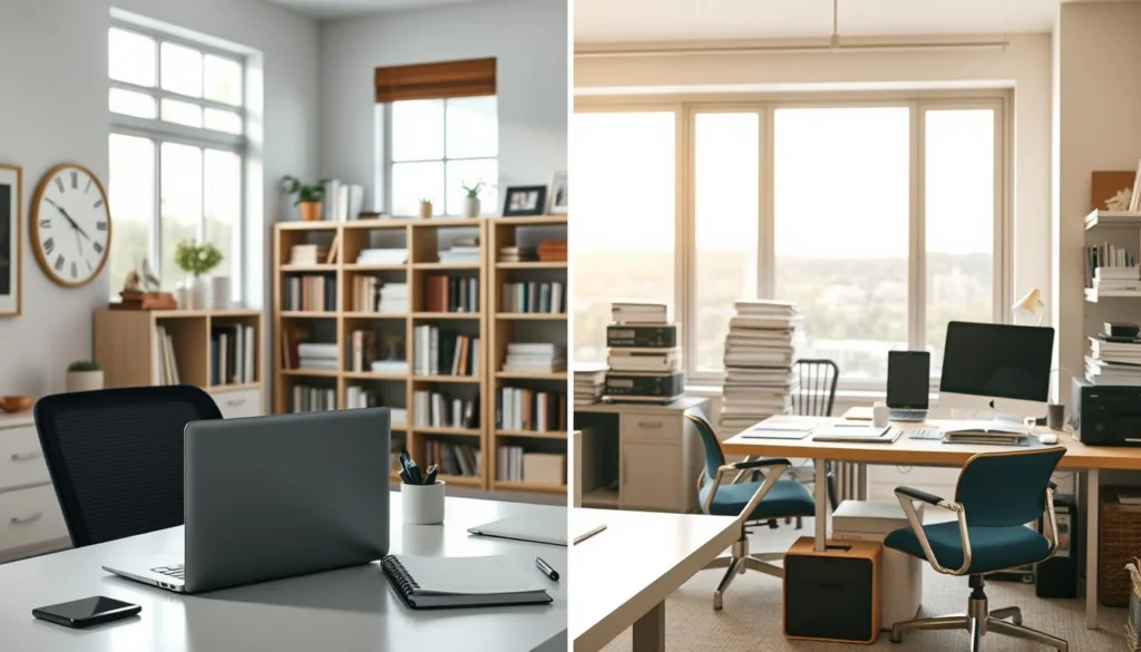 A modern, well-organized home office with minimalist décor and natural lighting. In the foreground, an ergonomic desk with a laptop, a planner, and a simple desk organizer. In the middle ground, a bookshelf with neatly arranged books and decorative accents. The background features a large window overlooking a serene outdoor scene, with soft, diffused lighting. Alongside this, a traditional home office with a cluttered desk, stacks of papers, and outdated equipment. The contrast between the two spaces highlights the differences between traditional and adapted organizational methods. A modern, well-organized home office with minimalist décor and natural lighting. In the foreground, an ergonomic desk with a laptop, a planner, and a simple desk organizer. In the middle ground, a bookshelf with neatly arranged books and decorative accents. The background features a large window overlooking a serene outdoor scene, with soft, diffused lighting. Alongside this, a traditional home office with a cluttered desk, stacks of papers, and outdated equipment. The contrast between the two spaces highlights the differences between traditional and adapted organizational methods.