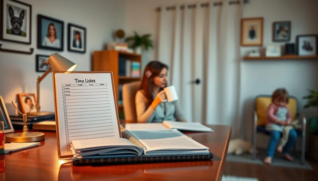 A peaceful and organized home office, with a mother working at a desk, surrounded by family photos and a soft, warm lighting. In the foreground, a to-do list and planner showcasing effective time management strategies. The middle ground features a mother sipping coffee, reflecting on her schedule. In the background, a child playing quietly, demonstrating a harmonious work-life balance. The atmosphere conveys a sense of tranquility and focus, highlighting the mother's ability to juggle professional and familial responsibilities with grace. A peaceful and organized home office, with a mother working at a desk, surrounded by family photos and a soft, warm lighting. In the foreground, a to-do list and planner showcasing effective time management strategies. The middle ground features a mother sipping coffee, reflecting on her schedule. In the background, a child playing quietly, demonstrating a harmonious work-life balance. The atmosphere conveys a sense of tranquility and focus, highlighting the mother's ability to juggle professional and familial responsibilities with grace.