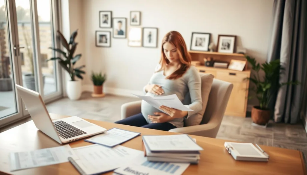 A serene and well-organized financial planning scene for a pregnancy. In the foreground, a modern yet cozy home office with a comfortable chair, laptop, and financial documents neatly arranged on a wooden desk. Warm, natural lighting filters in through large windows, casting a peaceful ambiance. In the middle ground, a pregnant woman sits thoughtfully, reviewing her financial plans for the upcoming birth. The background features a soothing, neutral-toned wall with framed family photos, creating a sense of domestic tranquility. The overall mood is one of careful preparation, calm contemplation, and financial security in anticipation of the new arrival. A serene and well-organized financial planning scene for a pregnancy. In the foreground, a modern yet cozy home office with a comfortable chair, laptop, and financial documents neatly arranged on a wooden desk. Warm, natural lighting filters in through large windows, casting a peaceful ambiance. In the middle ground, a pregnant woman sits thoughtfully, reviewing her financial plans for the upcoming birth. The background features a soothing, neutral-toned wall with framed family photos, creating a sense of domestic tranquility. The overall mood is one of careful preparation, calm contemplation, and financial security in anticipation of the new arrival.