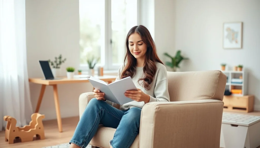 A serene, minimalist home interior with soft, natural lighting filtering through large windows. In the foreground, a young mother sits on a comfortable armchair, her expression peaceful as she organizes her daily tasks and schedules on a digital planner. Nearby, a cozy desk setup with a laptop and a few potted plants symbolizes her efforts to streamline her work-from-home routine. The middle ground features a child's play area, with simple, educational toys and a reading nook, hinting at the mother's strategies to create a calming, structured environment for her family. The background depicts a tranquil, uncluttered living space, conveying a sense of order and balance, reflecting the mother's successful reorganization of her daily life to alleviate the demands of modern motherhood. A serene, minimalist home interior with soft, natural lighting filtering through large windows. In the foreground, a young mother sits on a comfortable armchair, her expression peaceful as she organizes her daily tasks and schedules on a digital planner. Nearby, a cozy desk setup with a laptop and a few potted plants symbolizes her efforts to streamline her work-from-home routine. The middle ground features a child's play area, with simple, educational toys and a reading nook, hinting at the mother's strategies to create a calming, structured environment for her family. The background depicts a tranquil, uncluttered living space, conveying a sense of order and balance, reflecting the mother's successful reorganization of her daily life to alleviate the demands of modern motherhood.