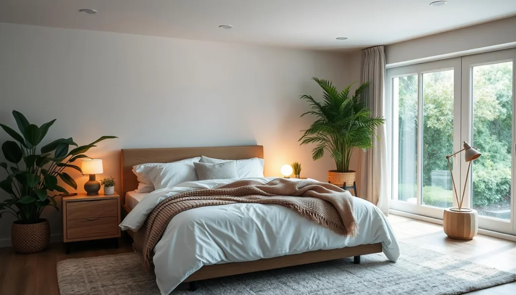 A serene, tranquil bedroom with soft, muted lighting casting a warm glow. The room features a comfortable, inviting bed with crisp, white linens, accompanied by plush pillows and a cozy throw blanket. Lush, verdant plants adorn the space, contributing to a calming, nature-inspired ambiance. Wooden nightstands on either side of the bed hold a reading lamp and a calming, essential oil diffuser. The walls are painted in a soothing, neutral tone, and the floor is covered in a plush, textured rug. Large, open windows allow natural light to filter in, creating a peaceful, airy atmosphere. The overall mood is one of relaxation and restfulness, perfectly suited for a serene sleep environment. A serene, tranquil bedroom with soft, muted lighting casting a warm glow. The room features a comfortable, inviting bed with crisp, white linens, accompanied by plush pillows and a cozy throw blanket. Lush, verdant plants adorn the space, contributing to a calming, nature-inspired ambiance. Wooden nightstands on either side of the bed hold a reading lamp and a calming, essential oil diffuser. The walls are painted in a soothing, neutral tone, and the floor is covered in a plush, textured rug. Large, open windows allow natural light to filter in, creating a peaceful, airy atmosphere. The overall mood is one of relaxation and restfulness, perfectly suited for a serene sleep environment.