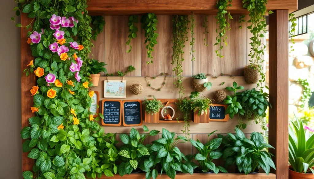A simple, charming vertical garden for children, with a whimsical, colorful design. In the foreground, rows of lush, vibrant plants cascading down a rustic wooden frame, creating a playful, inviting atmosphere. The middle ground features a mix of flowering plants, trailing vines, and educational elements like small chalkboards or interactive nature-themed puzzles, encouraging hands-on exploration. The background depicts a warm, natural setting, perhaps with a sun-dappled stone wall or a peek of a lush, verdant garden. The lighting is soft and diffused, creating a sense of coziness and wonder. The overall composition evokes a sense of childlike wonder, learning, and connection with the natural world. A simple, charming vertical garden for children, with a whimsical, colorful design. In the foreground, rows of lush, vibrant plants cascading down a rustic wooden frame, creating a playful, inviting atmosphere. The middle ground features a mix of flowering plants, trailing vines, and educational elements like small chalkboards or interactive nature-themed puzzles, encouraging hands-on exploration. The background depicts a warm, natural setting, perhaps with a sun-dappled stone wall or a peek of a lush, verdant garden. The lighting is soft and diffused, creating a sense of coziness and wonder. The overall composition evokes a sense of childlike wonder, learning, and connection with the natural world.