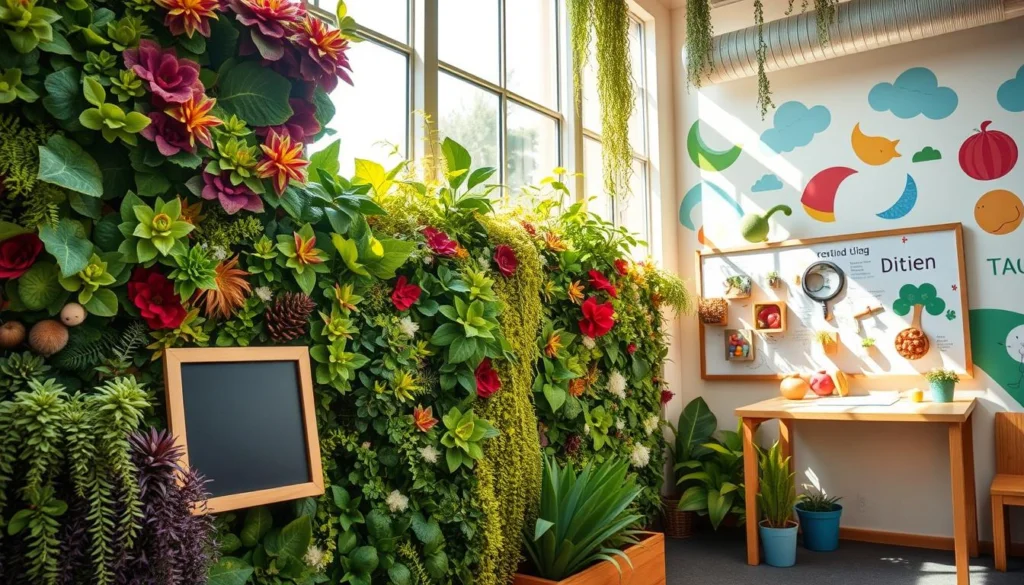 A vibrant, whimsical vertical garden filled with playful, educational elements. In the foreground, a variety of colorful, textured plants cascade down the wall, creating a lush, inviting display. The middle ground features interactive stations, such as a mini chalkboard, a magnifying glass for exploring nature, and a tactile sensory board with different materials. Sunlight streams in through large windows, casting a warm, natural glow and highlighting the verdant foliage. The background showcases cheerful, child-friendly illustrations or murals that complement the educational theme. The overall atmosphere evokes a sense of wonder, curiosity, and hands-on learning for young minds. A vibrant, whimsical vertical garden filled with playful, educational elements. In the foreground, a variety of colorful, textured plants cascade down the wall, creating a lush, inviting display. The middle ground features interactive stations, such as a mini chalkboard, a magnifying glass for exploring nature, and a tactile sensory board with different materials. Sunlight streams in through large windows, casting a warm, natural glow and highlighting the verdant foliage. The background showcases cheerful, child-friendly illustrations or murals that complement the educational theme. The overall atmosphere evokes a sense of wonder, curiosity, and hands-on learning for young minds.