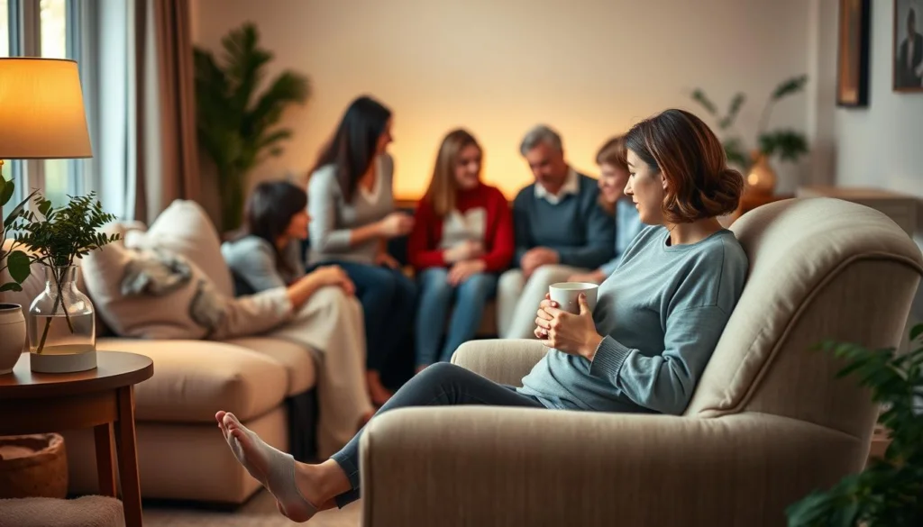 A warm, cozy living room filled with supportive figures, representing a maternal support network. In the foreground, a mother relaxing on a plush armchair, a cup of tea in hand, surrounded by attentive friends and family members offering comfort and advice. The middle ground features a harmonious gathering, with gentle gestures and expressions of care. In the background, a softly lit, inviting space, suggesting a safe haven for the mother to recharge and find solace. Soft lighting, muted colors, and a sense of tranquility permeate the scene, conveying the importance of a nurturing support system for maternal self-care. Autocuidado materno