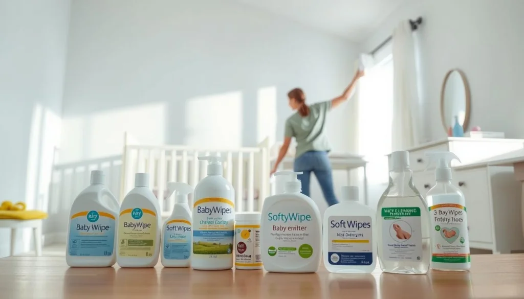A well-lit, airy room with a crib, changing table, and dresser. In the foreground, an assortment of baby-safe cleaning products - gentle detergents, soft wipes, and natural disinfectants. The middle ground shows a person in casual attire carefully wiping down surfaces, while the background features a soothing color palette and soft lighting, conveying a sense of tranquility and care. The overall atmosphere is one of a clean, safe, and nurturing environment for a baby's bedroom. A well-lit, airy room with a crib, changing table, and dresser. In the foreground, an assortment of baby-safe cleaning products - gentle detergents, soft wipes, and natural disinfectants. The middle ground shows a person in casual attire carefully wiping down surfaces, while the background features a soothing color palette and soft lighting, conveying a sense of tranquility and care. The overall atmosphere is one of a clean, safe, and nurturing environment for a baby's bedroom.