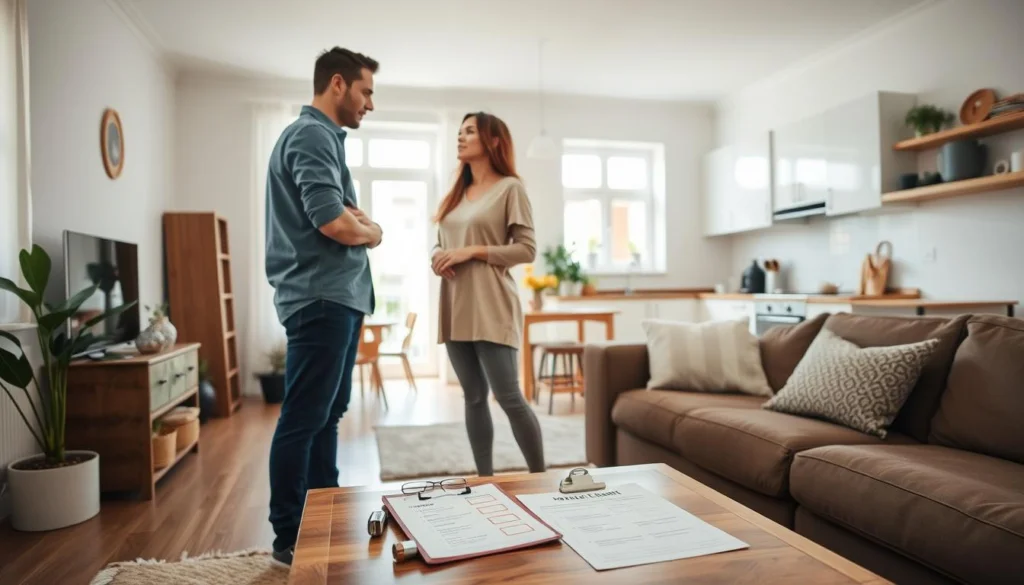 A well-organized home with clear division of domestic tasks. In the foreground, a couple standing side-by-side, discussing chores and responsibilities. The man and woman wear casual, comfortable clothing, their body language conveying open communication and cooperation. In the middle ground, a clean, tidy living room with a checklist on the coffee table, illustrating the collaborative planning of household duties. The background features a bright, airy kitchen with appliances and utensils, suggesting an equitable distribution of culinary tasks. Soft, natural lighting filters through windows, creating a serene, harmonious atmosphere that reflects the couple's shared commitment to maintaining their home efficiently. A well-organized home with clear division of domestic tasks. In the foreground, a couple standing side-by-side, discussing chores and responsibilities. The man and woman wear casual, comfortable clothing, their body language conveying open communication and cooperation. In the middle ground, a clean, tidy living room with a checklist on the coffee table, illustrating the collaborative planning of household duties. The background features a bright, airy kitchen with appliances and utensils, suggesting an equitable distribution of culinary tasks. Soft, natural lighting filters through windows, creating a serene, harmonious atmosphere that reflects the couple's shared commitment to maintaining their home efficiently.