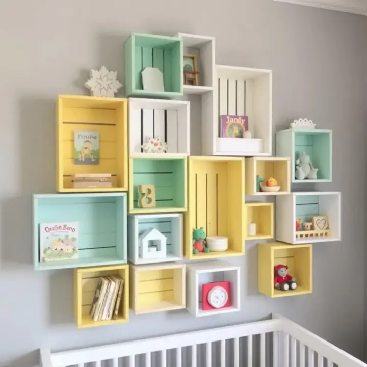 Conjunto de nichos decorativos de caixote formando uma composição na parede Conjunto de nichos decorativos de caixote formando uma composição na parede