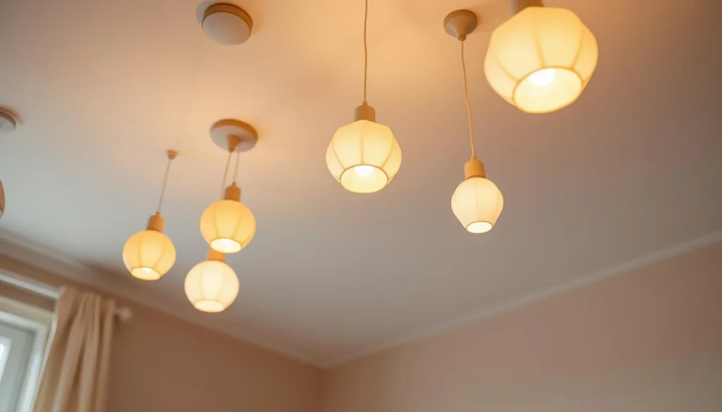 Cozy ceiling lighting for a baby's nursery: A softly illuminated and inviting space with delicate, hanging luminaires suspended from the ceiling. The fixtures feature a warm, amber glow that radiates a soothing ambiance, perfect for lulling a little one to sleep. Elegant, organic shapes in muted tones of cream and beige complement the serene, tranquil atmosphere. Gentle shadows dance across the walls, creating a calming, lullaby-like effect. High-quality, diffused lighting that evenly fills the room, ensuring a comfortable, safe environment for the baby. Thoughtfully designed to provide the ideal illumination for a peaceful, restful nursery. Cozy ceiling lighting for a baby's nursery: A softly illuminated and inviting space with delicate, hanging luminaires suspended from the ceiling. The fixtures feature a warm, amber glow that radiates a soothing ambiance, perfect for lulling a little one to sleep. Elegant, organic shapes in muted tones of cream and beige complement the serene, tranquil atmosphere. Gentle shadows dance across the walls, creating a calming, lullaby-like effect. High-quality, diffused lighting that evenly fills the room, ensuring a comfortable, safe environment for the baby. Thoughtfully designed to provide the ideal illumination for a peaceful, restful nursery.