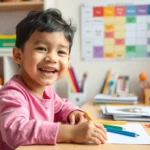 Criança pequena feliz estudando em ambiente colorido com rotina de estudos visível na parede
