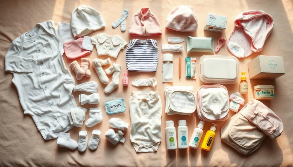 Detailed checklist for maternity essentials laid out on a soft, neutral-toned surface. Crisp, high-resolution image showcasing a variety of baby clothing, accessories, and care items - onesies, socks, hats, bibs, diapers, wipes, lotions, and more. Warm, natural lighting illuminates the items, creating a cozy, welcoming atmosphere. The arrangement is carefully organized, with each item neatly displayed to provide a comprehensive overview of the must-have newborn necessities. The overall composition is visually appealing, highlighting the practical and essential nature of the maternity checklist.