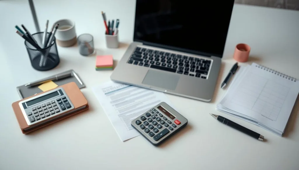 Detailed financial planning tools arranged on a clean, minimalist desk. Centered are a laptop, calculator, and stack of documents. Surrounding them are various office supplies like a pen holder, sticky notes, and a planner. The lighting is soft and even, highlighting the tools' metallic and matte textures. The angle is slightly elevated, capturing the tools from an organizational perspective. The overall mood is one of productivity, efficiency, and financial responsibility. Detailed financial planning tools arranged on a clean, minimalist desk. Centered are a laptop, calculator, and stack of documents. Surrounding them are various office supplies like a pen holder, sticky notes, and a planner. The lighting is soft and even, highlighting the tools' metallic and matte textures. The angle is slightly elevated, capturing the tools from an organizational perspective. The overall mood is one of productivity, efficiency, and financial responsibility.