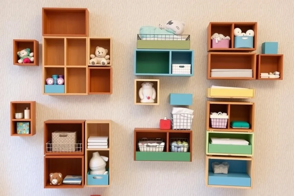 Diferentes configurações de nichos decorativos de caixote na parede do quarto de bebê Diferentes configurações de nichos decorativos de caixote na parede do quarto de bebê