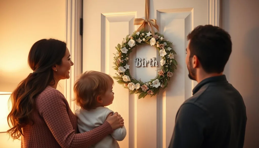 Família admirando a guirlanda de nascimento na porta do quarto do bebê Família admirando a guirlanda de nascimento na porta do quarto do bebê