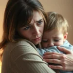 Mãe abraçando criança com expressão de culpa materna