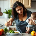 Mãe cansada tentando preparar refeição enquanto cuida do bebê
