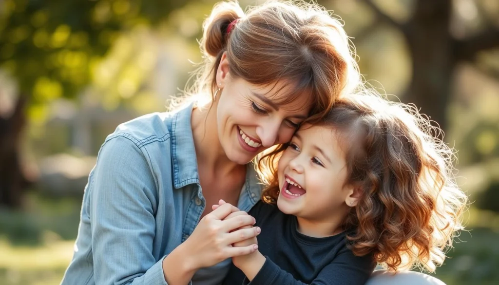 Mãe e filho em momento de conexão genuína, representando superação da culpa materna