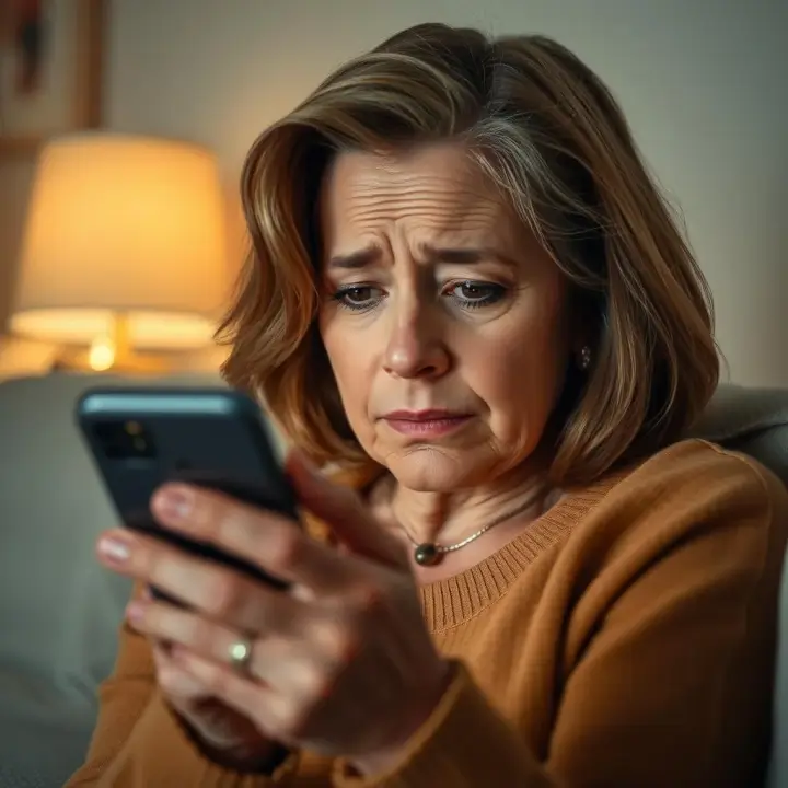 Mãe olhando redes sociais com expressão de preocupação