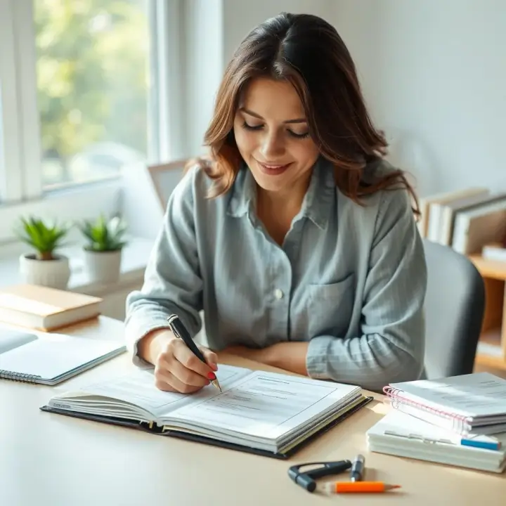 Mãe organizando lista de prioridades com expressão tranquila