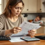 Mãe preocupada olhando contas e calculadora, representando os gastos invisíveis na maternidade