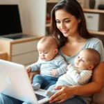 Mãe trabalhando em home office com bebê no colo, conciliando trabalho home office e maternidade