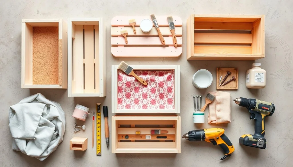 Materiais necessários para fazer nichos decorativos de caixote para quarto de bebê Materiais necessários para fazer nichos decorativos de caixote para quarto de bebê
