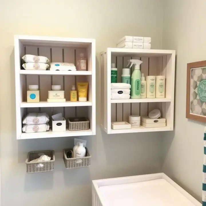 Nichos decorativos de caixote ao lado do trocador com itens de higiene organizados Nichos decorativos de caixote ao lado do trocador com itens de higiene organizados