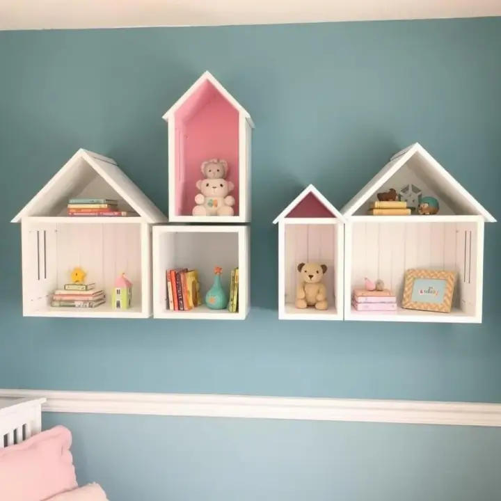 Nichos decorativos de caixote em formato de casinha para quarto de bebê Nichos decorativos de caixote em formato de casinha para quarto de bebê