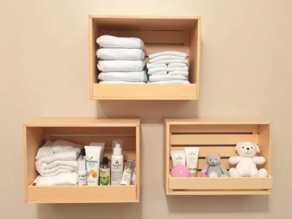 Nichos decorativos de caixote organizados com itens essenciais para bebê: fraldas, produtos de higiene e brinquedos Nichos decorativos de caixote organizados com itens essenciais para bebê: fraldas, produtos de higiene e brinquedos