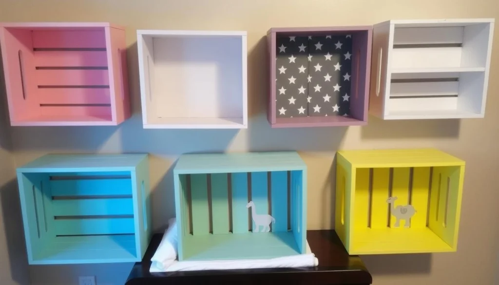 Nichos decorativos de caixote para quarto de bebê com diferentes acabamentos: pintados, com tecidos e adesivos temáticos Nichos decorativos de caixote para quarto de bebê com diferentes acabamentos: pintados, com tecidos e adesivos temáticos