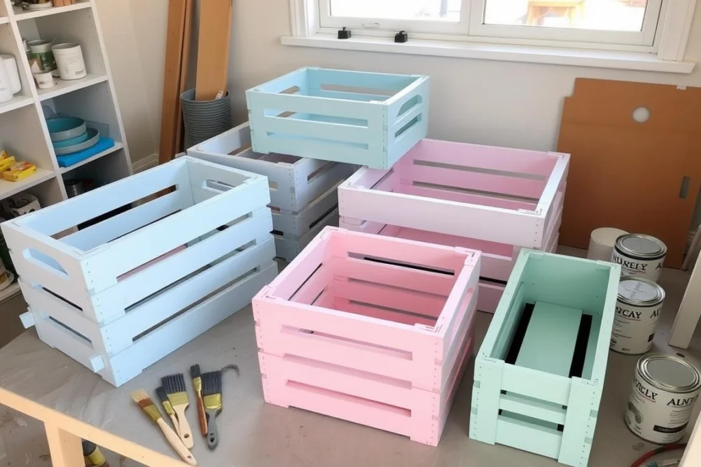 Processo de pintura de nichos decorativos de caixote em cores pastéis para quarto de bebê Processo de pintura de nichos decorativos de caixote em cores pastéis para quarto de bebê