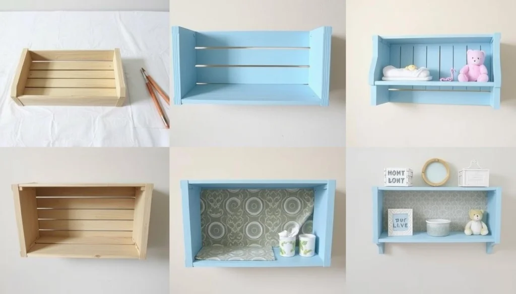 Processo de transformação de caixotes em nichos decorativos para quarto de bebê Processo de transformação de caixotes em nichos decorativos para quarto de bebê