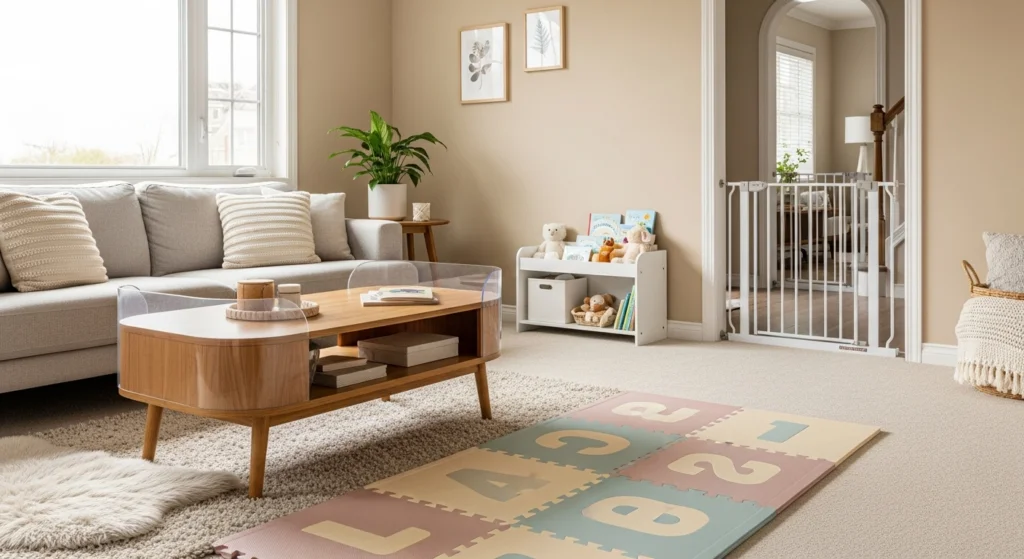 A cozy and modern living room scene with safe baby furniture and decor. In the foreground, a sturdy wooden crib with soft, natural-fiber bedding. Nearby, a plush armchair and a low, rounded coffee table with rounded edges. In the middle ground, a tall, minimalist bookshelf with baby-friendly items and toys. Soft, indirect lighting creates a warm, calming atmosphere. The walls are decorated with neutral-toned, textured wallpaper and a large, framed nature-inspired artwork. The overall design is both functional and aesthetically pleasing, prioritizing the safety and comfort of the baby without compromising style. adaptar sala para bebê segurança