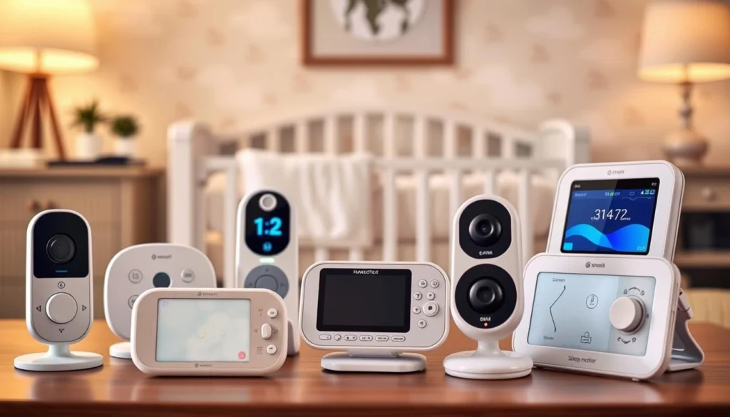 A cozy nursery scene showcasing various baby sleep monitors in a warm, inviting atmosphere. In the foreground, an array of sleek, modern monitors with intuitive controls and soft lighting displays. In the middle ground, a serene crib with plush bedding and soothing accents. The background features a tasteful decor, perhaps with subtle cloud patterns or calming nature motifs, creating a tranquil, sleep-inducing ambiance. Soft, diffused lighting illuminates the scene, evoking a sense of comfort and relaxation. The overall composition conveys the idea of prioritizing baby's sleep health with carefully selected monitoring solutions.