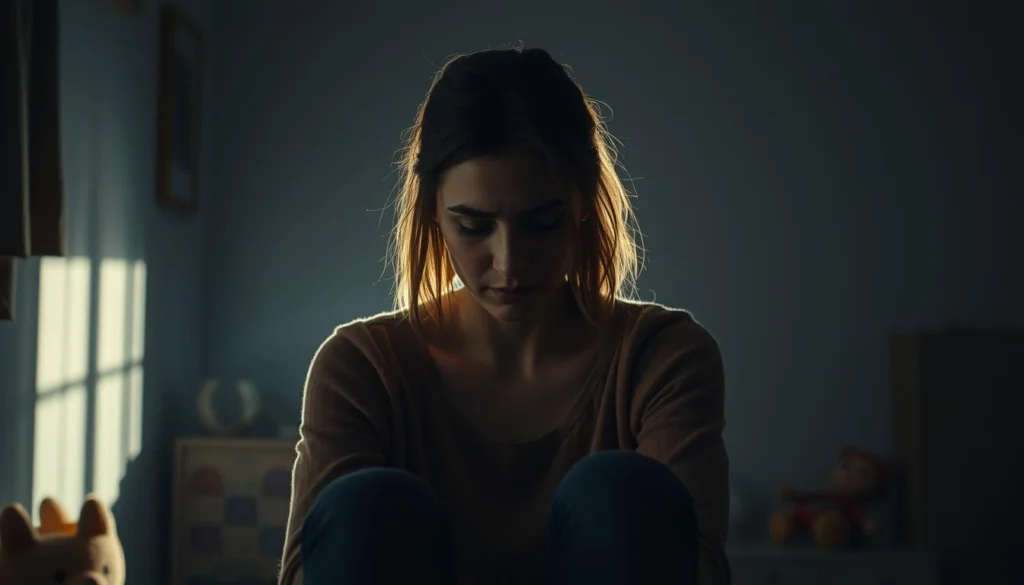 A melancholic woman sits alone, lost in deep contemplation. Her gaze is downcast, her shoulders slumped, as the weight of societal expectations and self-imposed pressures bear down upon her. The dimly lit room casts long shadows, creating an atmosphere of introspection and unease. In the background, hazy outlines of child's toys and unfinished chores hint at the conflicting demands of modern motherhood. The lighting is soft, with a cinematic quality, emphasizing the subject's emotional vulnerability. The composition is balanced, with the woman placed centrally, drawing the viewer's attention to her pensive expression. An air of loneliness and isolation permeates the scene, conveying the isolating nature of "maternal guilt" in the contemporary landscape. A melancholic woman sits alone, lost in deep contemplation. Her gaze is downcast, her shoulders slumped, as the weight of societal expectations and self-imposed pressures bear down upon her. The dimly lit room casts long shadows, creating an atmosphere of introspection and unease. In the background, hazy outlines of child's toys and unfinished chores hint at the conflicting demands of modern motherhood. The lighting is soft, with a cinematic quality, emphasizing the subject's emotional vulnerability. The composition is balanced, with the woman placed centrally, drawing the viewer's attention to her pensive expression. An air of loneliness and isolation permeates the scene, conveying the isolating nature of "maternal guilt" in the contemporary landscape.
