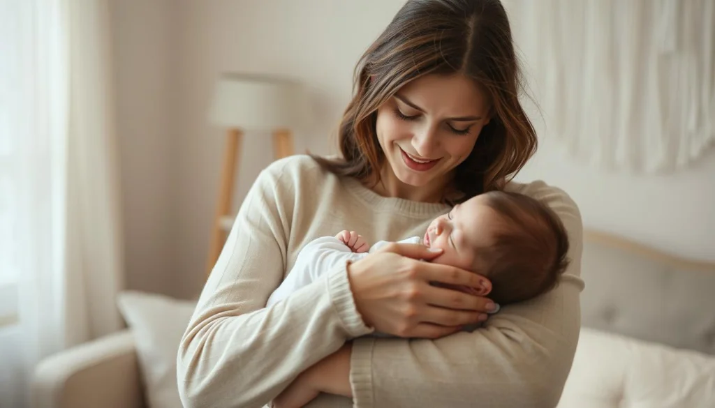 A serene mother figure in a warm, soft-lit interior, gently cradling a sleeping child. The background is a soothing, muted palette, perhaps a cozy living room or nursery, with subtle textures and muted colors that create a sense of intimacy and comfort. The mother's expression conveys a mix of love, tenderness, and a hint of contemplation, as if she is reflecting on the joys and challenges of motherhood. The lighting is diffused and gentle, casting a peaceful, ethereal glow. The composition is balanced and harmonious, drawing the viewer's attention to the tender mother-child bond at the heart of the scene. A serene mother figure in a warm, soft-lit interior, gently cradling a sleeping child. The background is a soothing, muted palette, perhaps a cozy living room or nursery, with subtle textures and muted colors that create a sense of intimacy and comfort. The mother's expression conveys a mix of love, tenderness, and a hint of contemplation, as if she is reflecting on the joys and challenges of motherhood. The lighting is diffused and gentle, casting a peaceful, ethereal glow. The composition is balanced and harmonious, drawing the viewer's attention to the tender mother-child bond at the heart of the scene.
