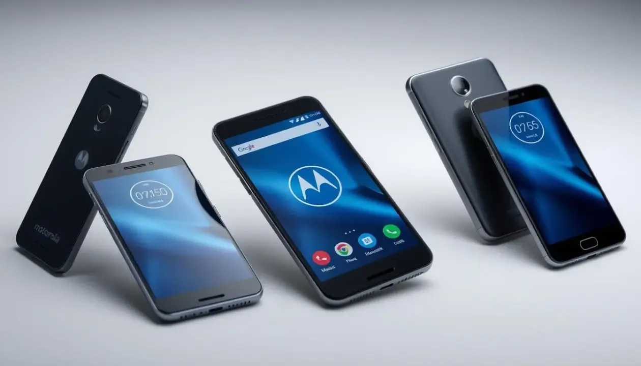 A sleek and modern collection of mid-range Motorola smartphones, showcased in a clean, well-lit studio setup. The devices are displayed from various angles, highlighting their slim profiles, stylish designs, and high-quality finishes. Subtle reflections on the smooth glass and metal surfaces create a sense of depth and premium quality. The arrangement suggests a balanced mix of functionality and aesthetics, conveying the cost-effective nature of these Motorola models. A neutral color palette, with muted tones, allows the smartphones to be the focal point, emphasizing their practical features and value proposition.