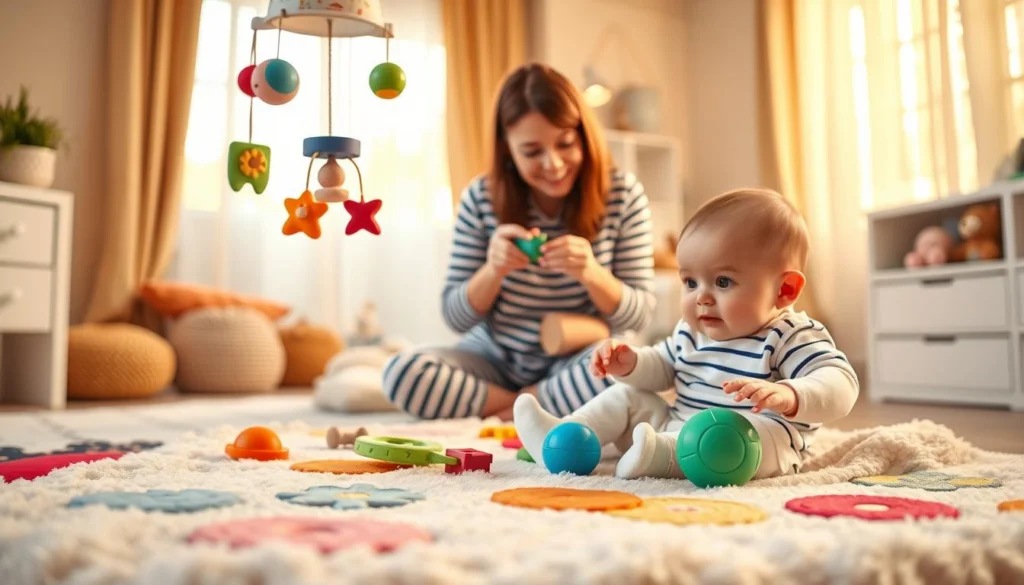 A vibrant, playful scene depicting age-appropriate activities for babies from 0 to 6 months. In the foreground, a soft, plush play mat with various textures and shapes for little hands to explore. Dangling overhead, colorful mobiles and dangling toys that gently sway, captivating the gaze of the infant. In the middle ground, a parent or caregiver engaged in interactive play, using simple rattles, soft blocks, and musical instruments to stimulate the baby's senses. The background features a warm, cozy nursery setting with natural lighting filtering through sheer curtains, creating a serene, nurturing atmosphere. The overall mood is one of warmth, wonder, and the joy of early childhood development. A vibrant, playful scene depicting age-appropriate activities for babies from 0 to 6 months. In the foreground, a soft, plush play mat with various textures and shapes for little hands to explore. Dangling overhead, colorful mobiles and dangling toys that gently sway, captivating the gaze of the infant. In the middle ground, a parent or caregiver engaged in interactive play, using simple rattles, soft blocks, and musical instruments to stimulate the baby's senses. The background features a warm, cozy nursery setting with natural lighting filtering through sheer curtains, creating a serene, nurturing atmosphere. The overall mood is one of warmth, wonder, and the joy of early childhood development.