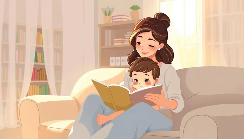 A warm, inviting illustration of "Dicas de educação" (Education Tips) to complement the article section "Encontrando Apoio na Jornada da Maternidade" (Finding Support on the Motherhood Journey). The scene depicts a cozy, sun-dappled living room, with a mother and child nestled on a plush sofa, reading a book together. The mother's expression is one of calm, nurturing guidance, while the child's face is lit with wonder and curiosity. Soft, diffuse lighting filters through sheer curtains, creating a serene, intimate atmosphere. In the background, bookshelves filled with educational materials suggest a space of learning and growth. The overall tone evokes the comfort and connection of a mother-child bond, reflecting the supportive nature of the article's subject matter. A warm, inviting illustration of "Dicas de educação" (Education Tips) to complement the article section "Encontrando Apoio na Jornada da Maternidade" (Finding Support on the Motherhood Journey). The scene depicts a cozy, sun-dappled living room, with a mother and child nestled on a plush sofa, reading a book together. The mother's expression is one of calm, nurturing guidance, while the child's face is lit with wonder and curiosity. Soft, diffuse lighting filters through sheer curtains, creating a serene, intimate atmosphere. In the background, bookshelves filled with educational materials suggest a space of learning and growth. The overall tone evokes the comfort and connection of a mother-child bond, reflecting the supportive nature of the article's subject matter.