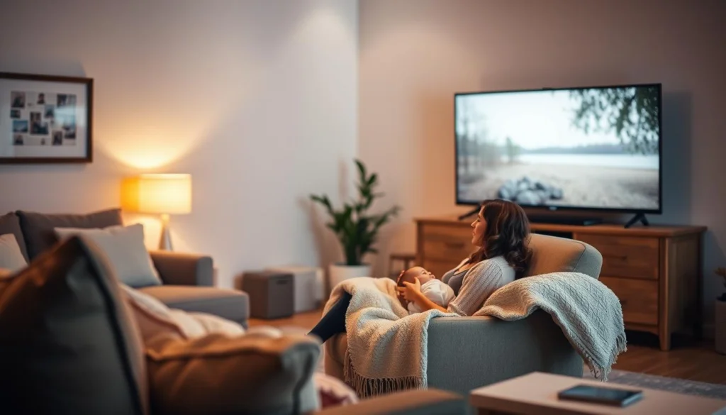Ambiente aconchegante com TV, iluminação suave e mãe com bebê Ambiente aconchegante com TV, iluminação suave e mãe com bebê